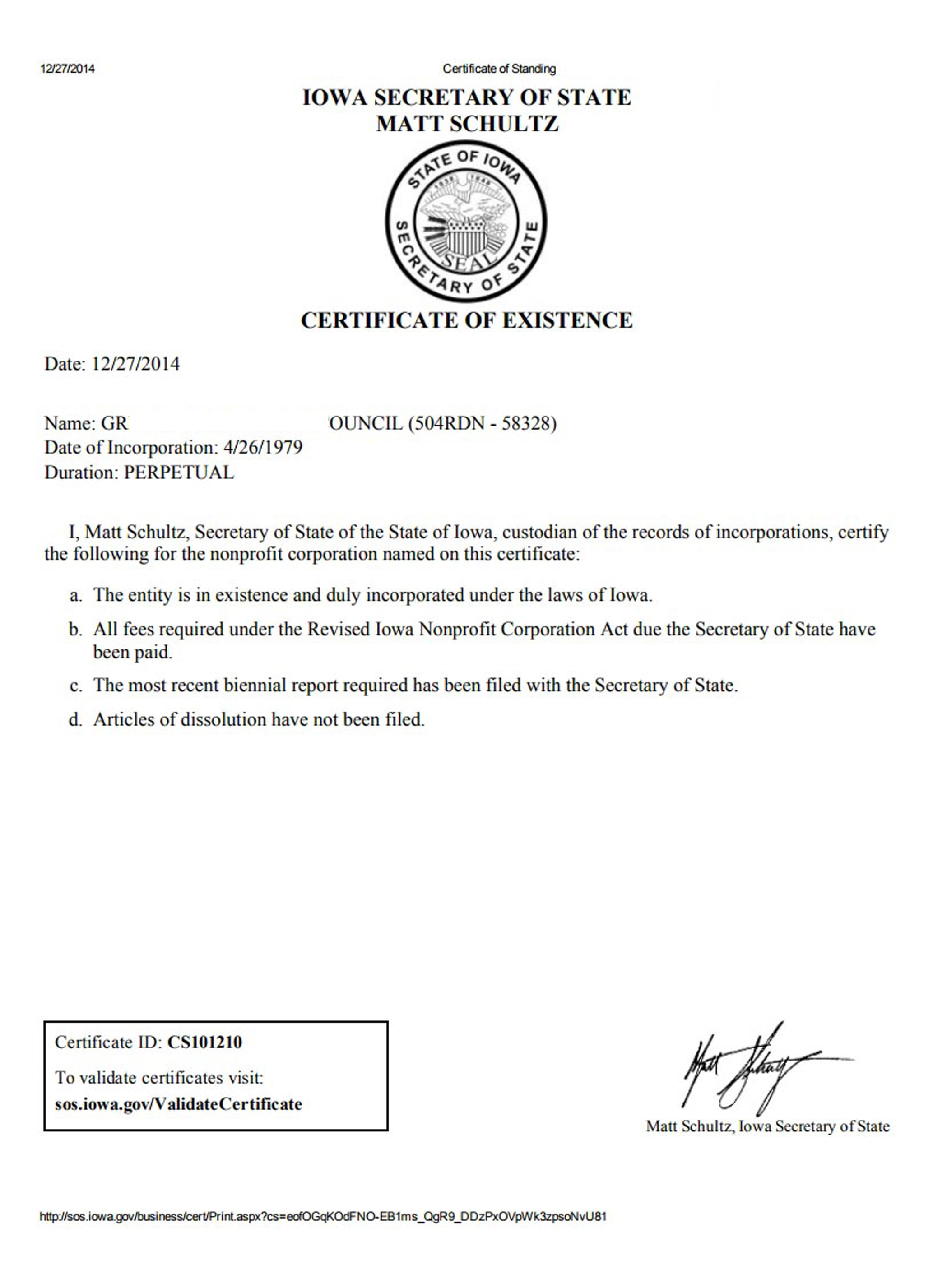 USA Iowa certificate of good standing